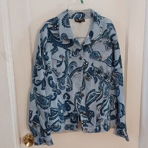 DG2  Women's Denim Jacket with Blue Paisley Design Size Large